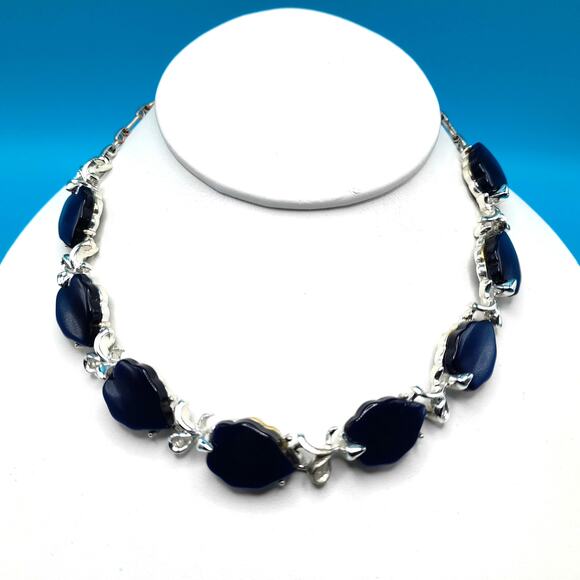 Vintage Dark Blue Moonglow Choker Necklace, Silver Tone, 1950s Vintage Jewelry - Picture 1 of 11